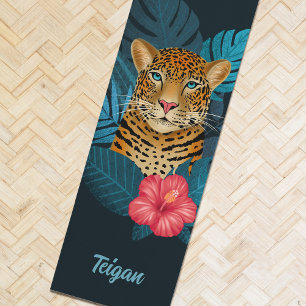 Pretty Jungle Leopard Floral Art   Blue   Name Yoga Mat