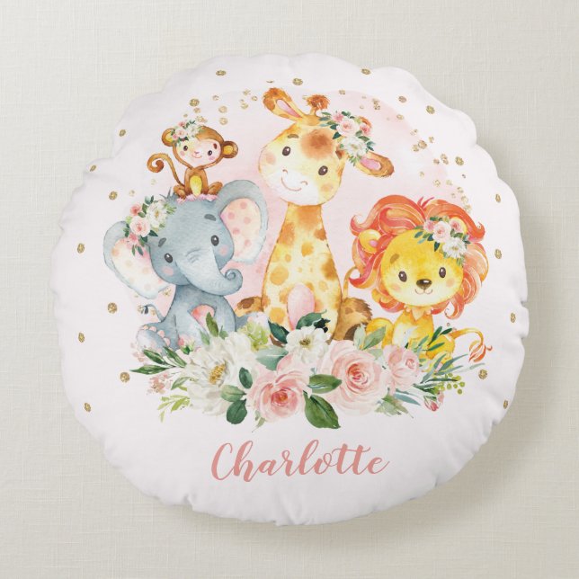 Pretty Jungle Safari Animals Baby Girl Nursery Round Cushion (Front)