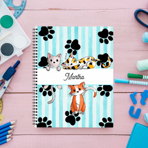 Pretty Kittens & paws, blue striped Spiral Notebook