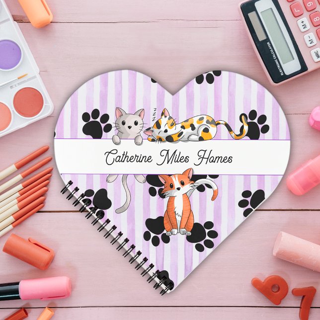 Pretty Kittens & paws, purple stripes heaart shape Notebook (Creator Uploaded)