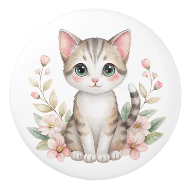 Pretty Kitty and Pastel Flowers Ceramic Knob (Front)