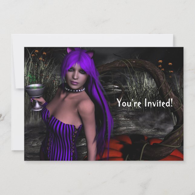 Pretty Kitty and Pumpkin Halloween Invitation (Front)