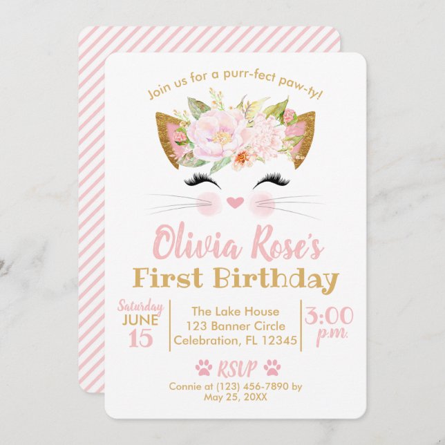 PRETTY KITTY Girl Cat Birthday Invitation (Front/Back)