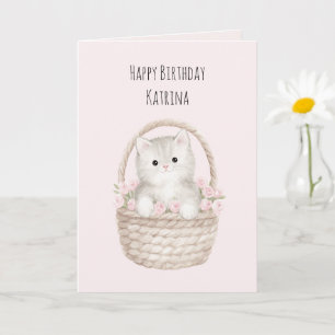Pretty Kitty in a Basket Blush Pink Roses Birthday Card