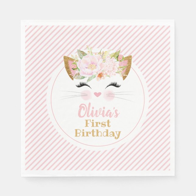 PRETTY KITTY Pink & Gold Girl Birthday Napkin (Front)