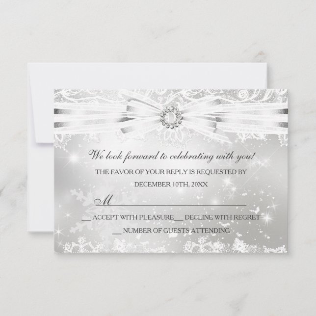 Pretty Lace & Bow Silver Christmas Holiday RSVP Invitation (Front)