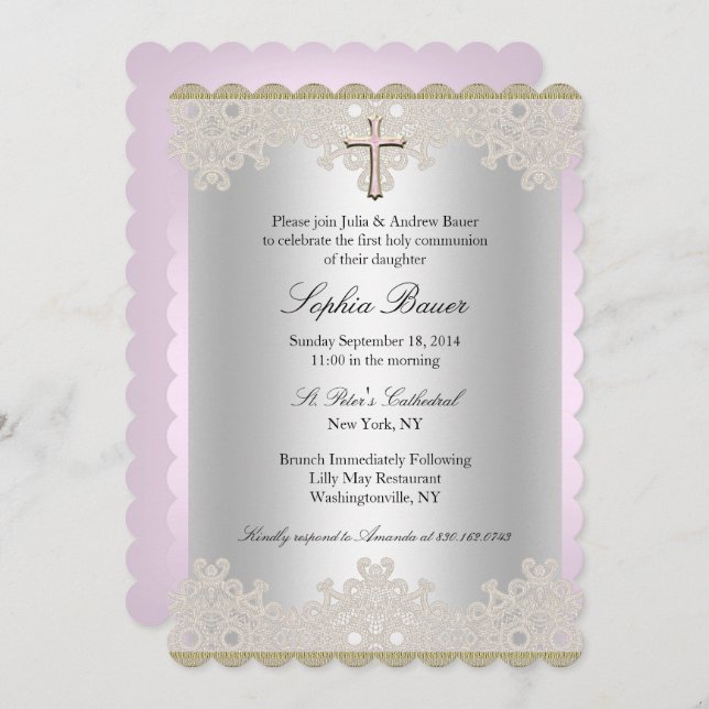 Pretty Lace & Cross Baptism/Christening Invitation (Front/Back)