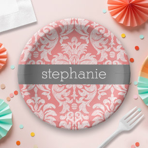 Pretty Lace Damask Pattern Coral Grey Paper Plate