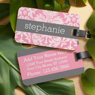 Pretty Lace Damask Pattern Pink Grey Luggage Tag
