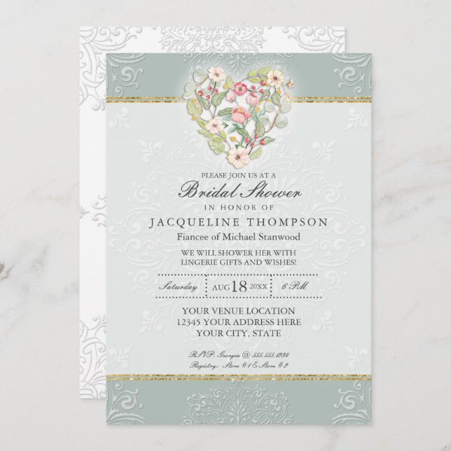 Pretty Lace Dusty Silver Sage Floral Bridal Shower Invitation (Front/Back)