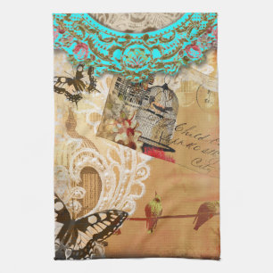Pretty Lace Edge Vintage Butterfly Turquoise Sepia Tea Towel