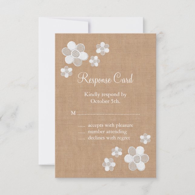 Pretty Lace Flowers on Burlap RSVP Card (Front)
