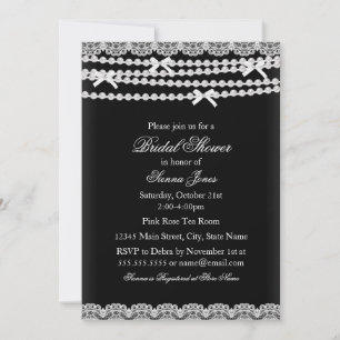 Pretty Lace & Pearl Black Bridal Shower Invitation