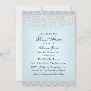 Pretty Lace & Pearl Blue Bridal Shower Invitation