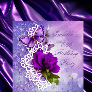 Pretty lace Purple Butterfly Flowers Birthday Invitation