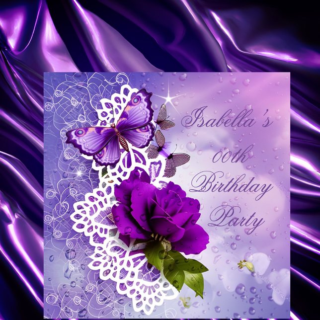 Pretty lace Purple Butterfly Flowers Birthday Invitation (Creator Uploaded)