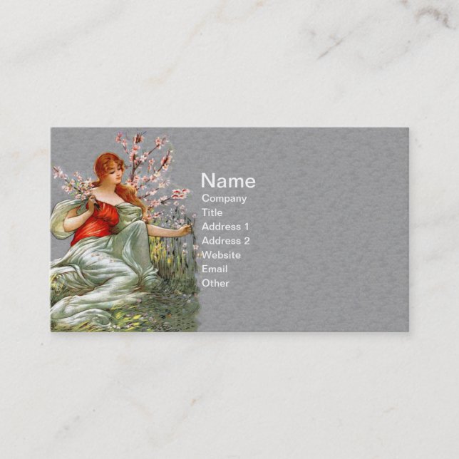 Pretty Lady Long Red Hair picking pink Flowers Business Card (Front)