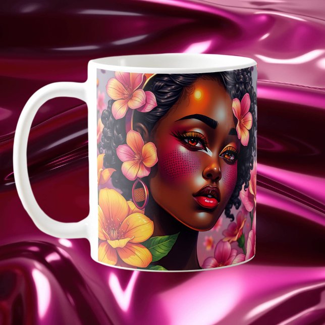 Pretty Lady of Colour Pink Flowers Musical Notes Coffee Mug (Creator Uploaded)
