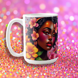 Pretty Lady of Colour Pink Flowers Musical Notes Coffee Mug