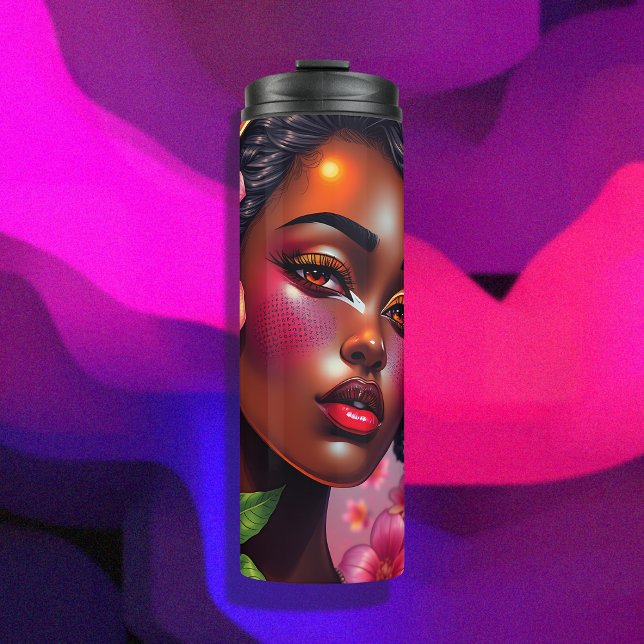 Pretty Lady of Colour Pink Flowers Musical Notes Thermal Tumbler (Creator Uploaded)