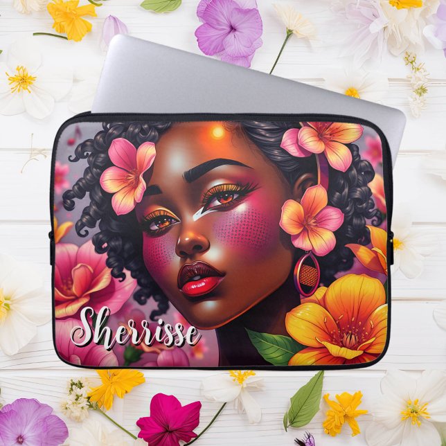 Pretty Lady of Colour Pink Flowers Personalised Laptop Sleeve (Creator Uploaded)