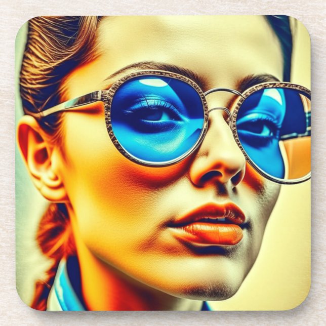 Pretty Lady with Blue Sunglasses with Reflection Coaster (Front)
