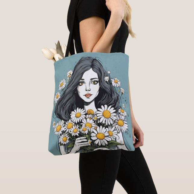 Pretty Lady With Daisy Bouquet Tote Bag (Close Up)