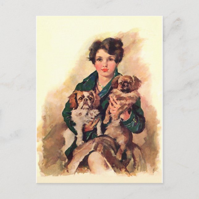 Pretty Lady with Pekingese Dogs Postcard (Front)