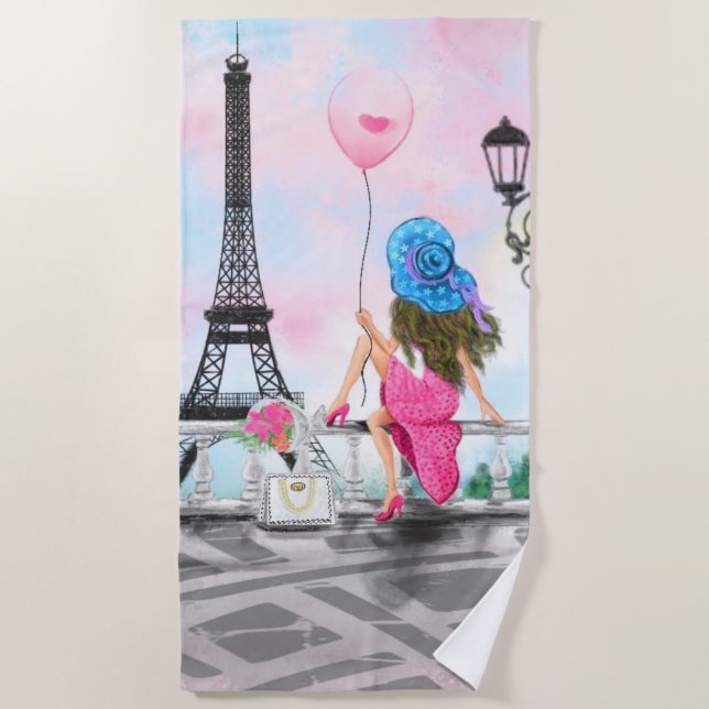 Pretty Lady with Pink Heart Balloon - I Love Paris Beach Towel (Front)