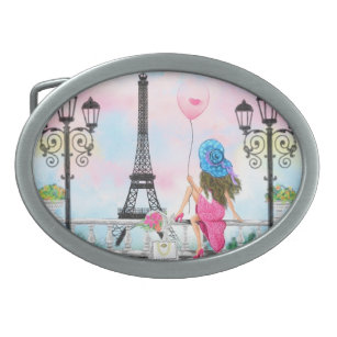 Pretty Lady with Pink Heart Balloon - I Love Paris Belt Buckle