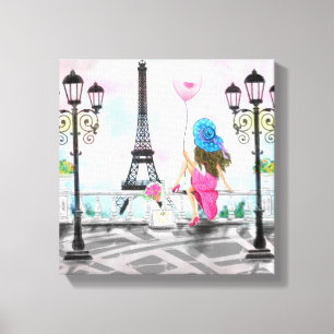 Pretty Lady with Pink Heart Balloon - I Love Paris Canvas Print