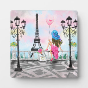 Pretty Lady with Pink Heart Balloon - I Love Paris Plaque