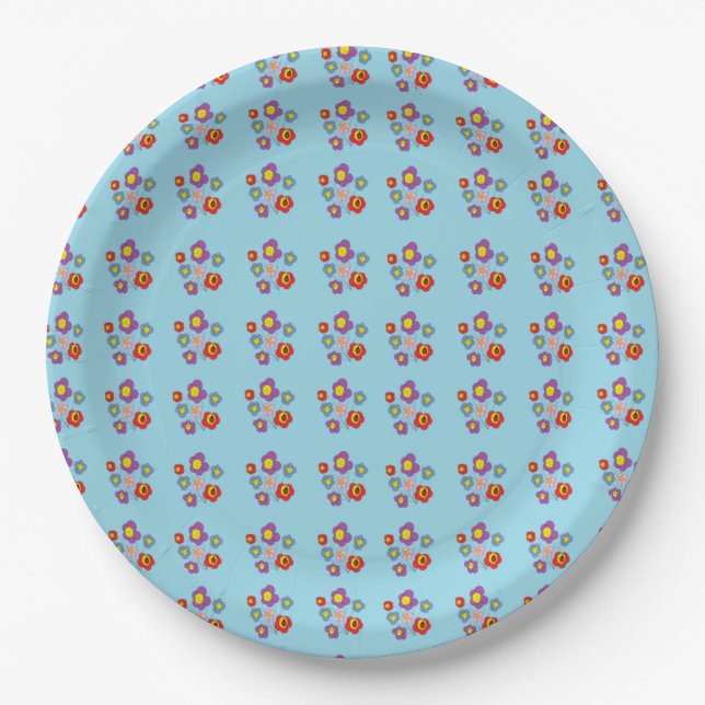Pretty Ladybug and Flowers Light Blue Pattern Paper Plate (Front)