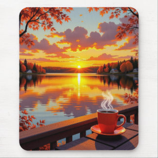 Pretty Lake Side View of a Sunrise and Warm Coffee Mouse Pad