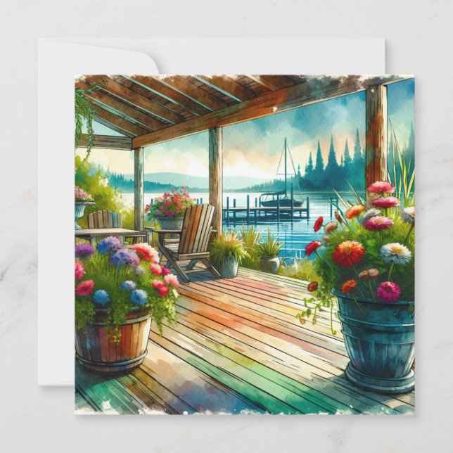 Pretty Lakehouse View Deck and Flowers Card (Front)