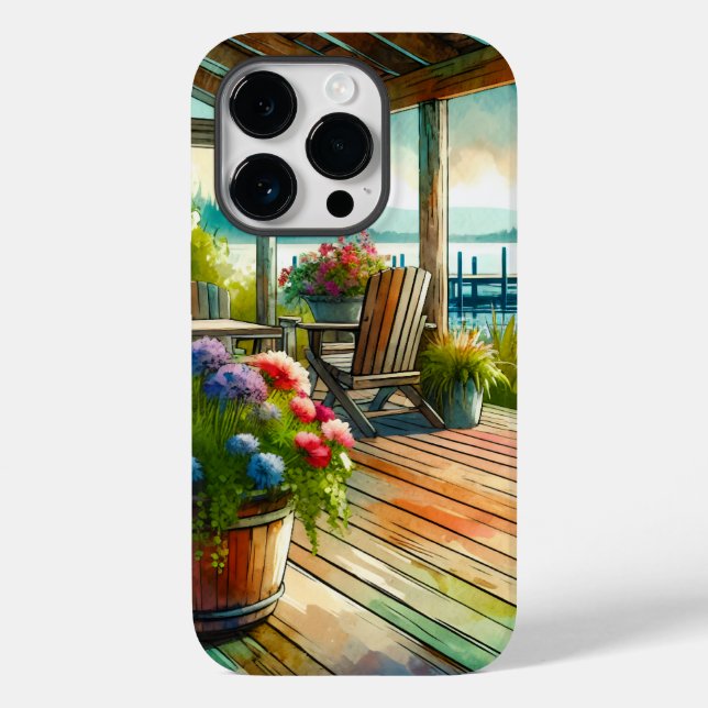 Pretty Lakehouse View Deck and Flowers Case-Mate iPhone Case (Back)