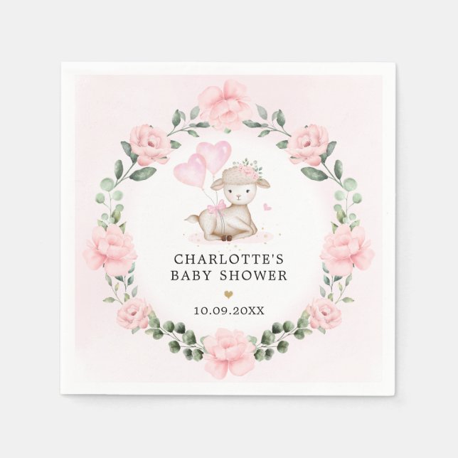 Pretty Lamb Baby Pink Floral Baby Shower Favours Napkin (Front)