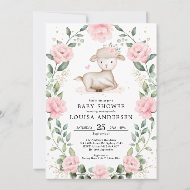 Pretty Lamb Pink Floral Wreath Girl Baby Shower Invitation (Front)