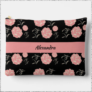 Pretty Large Pink Roses with Foliage on Black Accessory Pouch