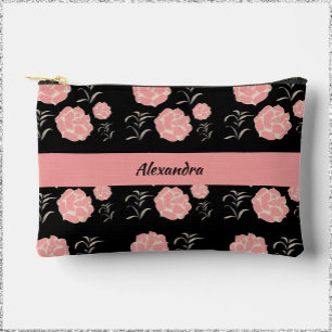 Pretty Large Pink Roses with Foliage on Black Accessory Pouch