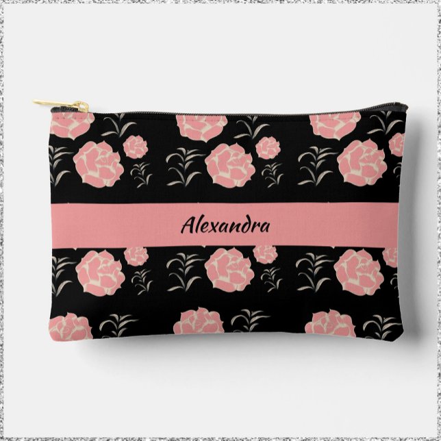 Pretty Large Pink Roses with Foliage on Black  Accessory Pouch (Creator Uploaded)
