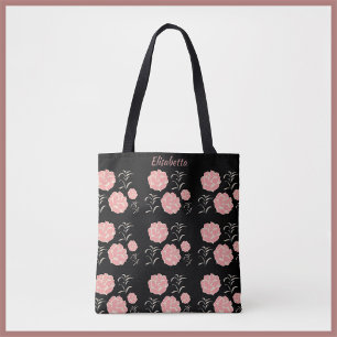 Pretty Large Pink Roses with Foliage on Black  Tote Bag