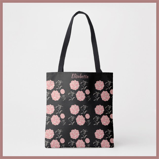 Pretty Large Pink Roses with Foliage on Black  Tote Bag (Creator Uploaded)