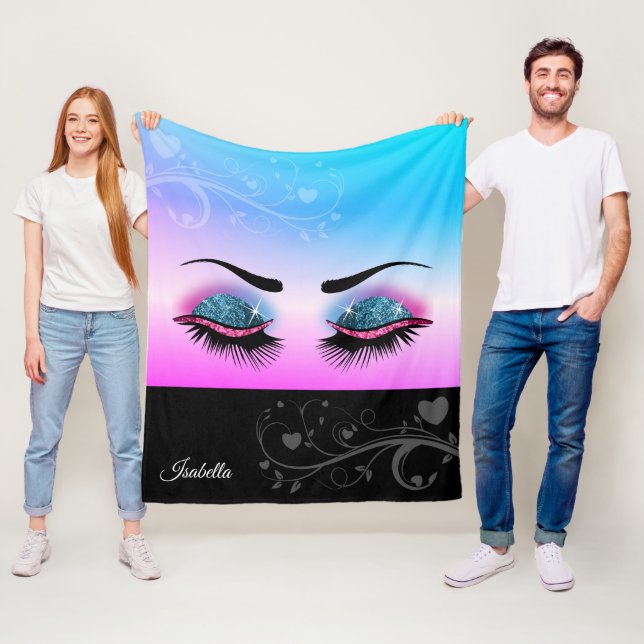 Pretty Lashes - Pink and Blue Glitter Fleece Blanket (In Situ)
