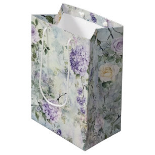 Pretty Lavender Cream Rose Flowers Bridal Shower Medium Gift Bag