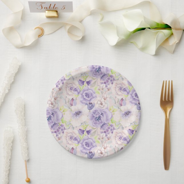 Pretty lavender floral design throw pillow paper plate (Wedding)