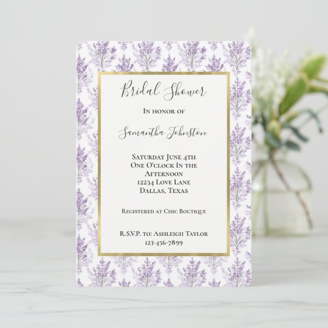 Pretty Lavender Flowers Bridal Shower Invitation (Standing Front)