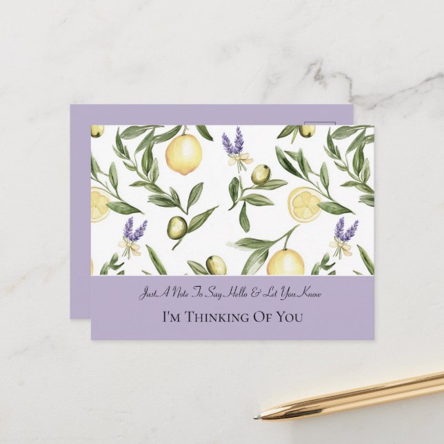 Pretty Lavender Flowers Lemons Thinking of You Postcard (Front/Back In Situ)
