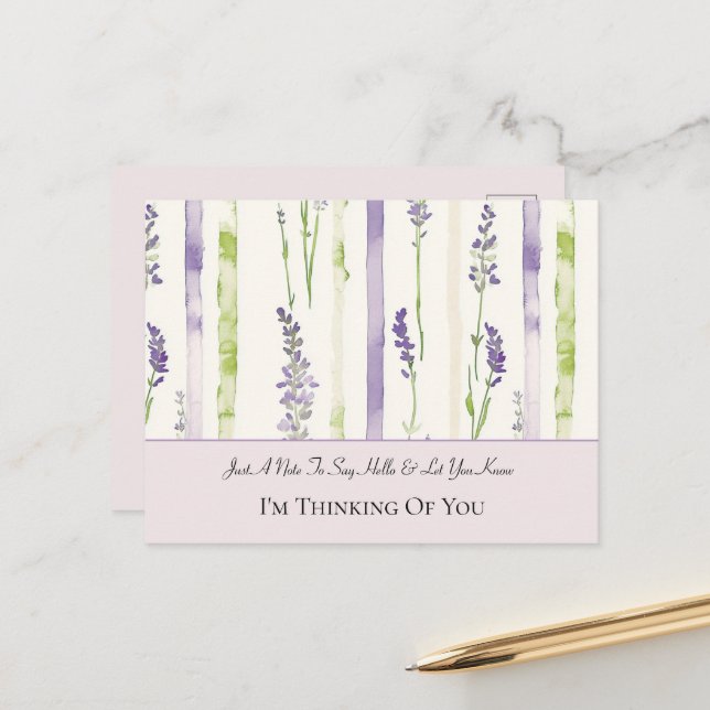 Pretty Lavender Flowers Stripes Thinking of You Postcard (Front/Back In Situ)