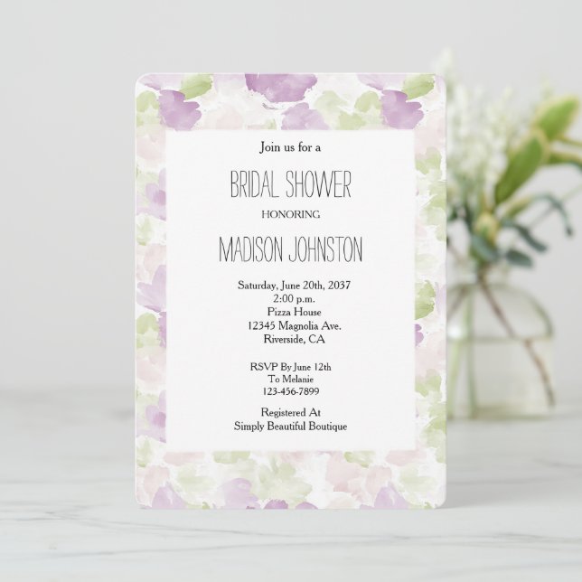 Pretty Lavender Purple Green Bridal Shower Invitation (Standing Front)